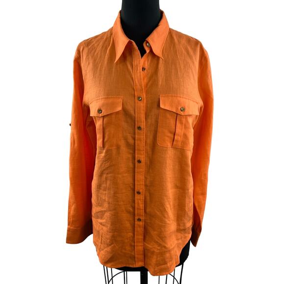 Lauren Ralph Lauren Linen Button Down Top Orange Long Sleeve Pockets Size L - Picture 1 of 12